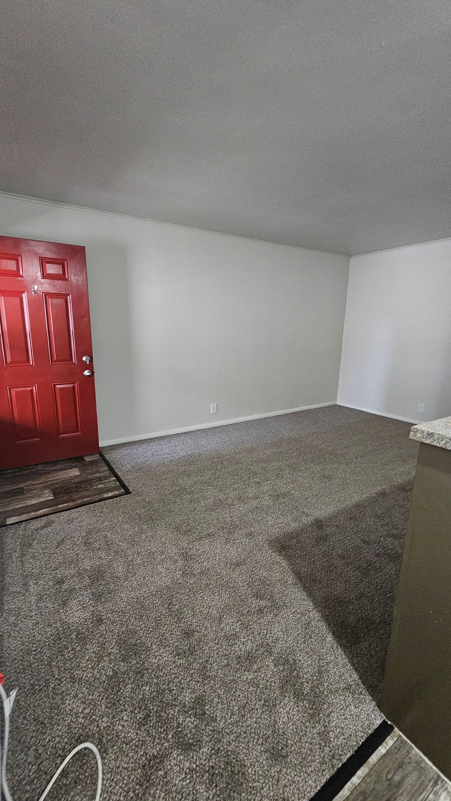 A living room with a red door and a carpeted floor.