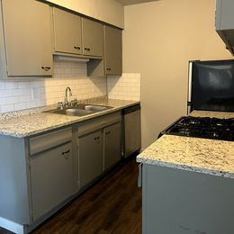 A kitchen with a sink , stove , and dishwasher.