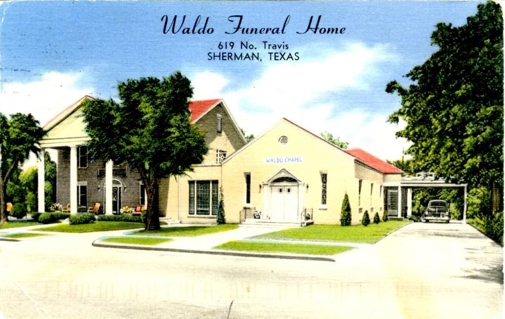 Waldo Funeral Home, a light-colored building in Sherman, Texas, with a covered parking area.
