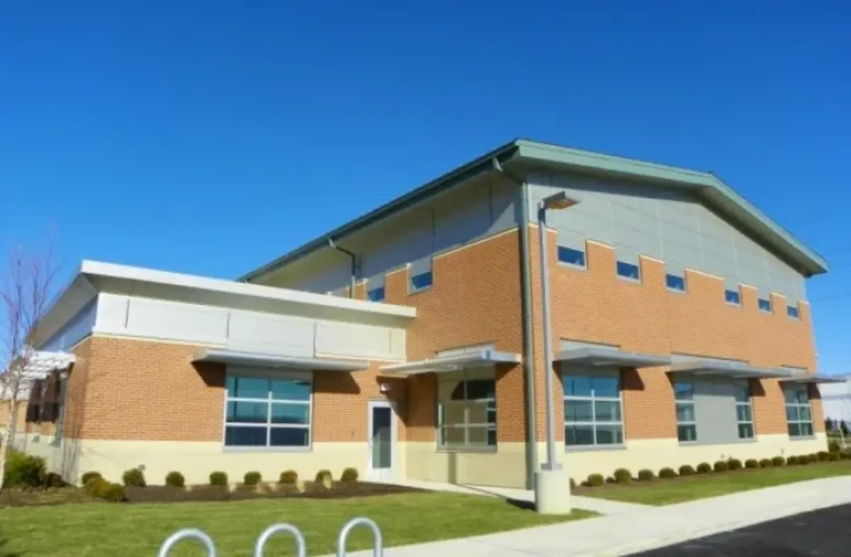 A large brick building with a green roof