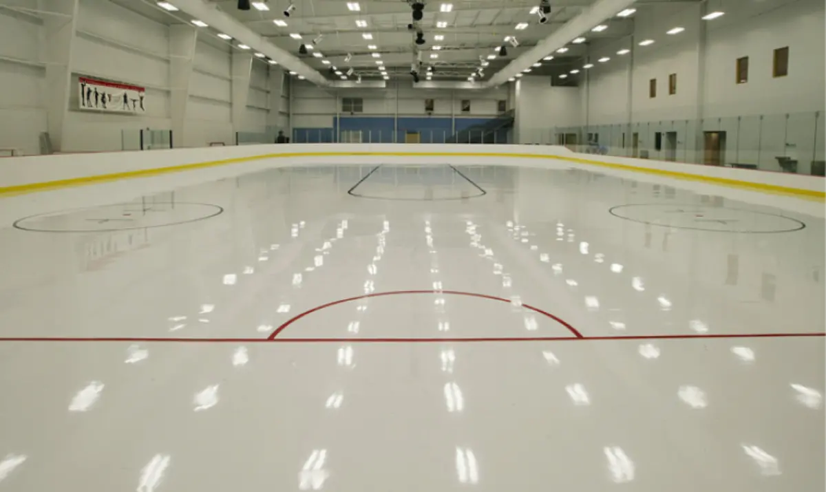A large indoor ice rink with a red line in the middle