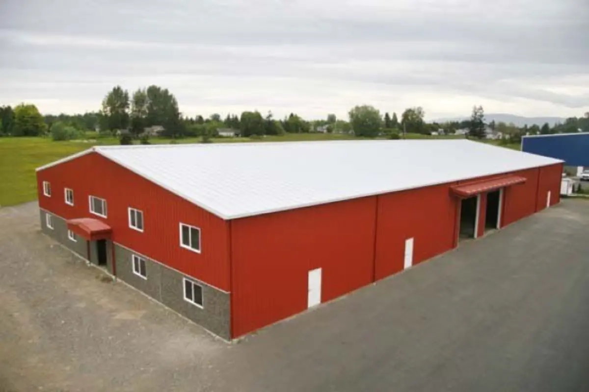 A large red building with a white roof