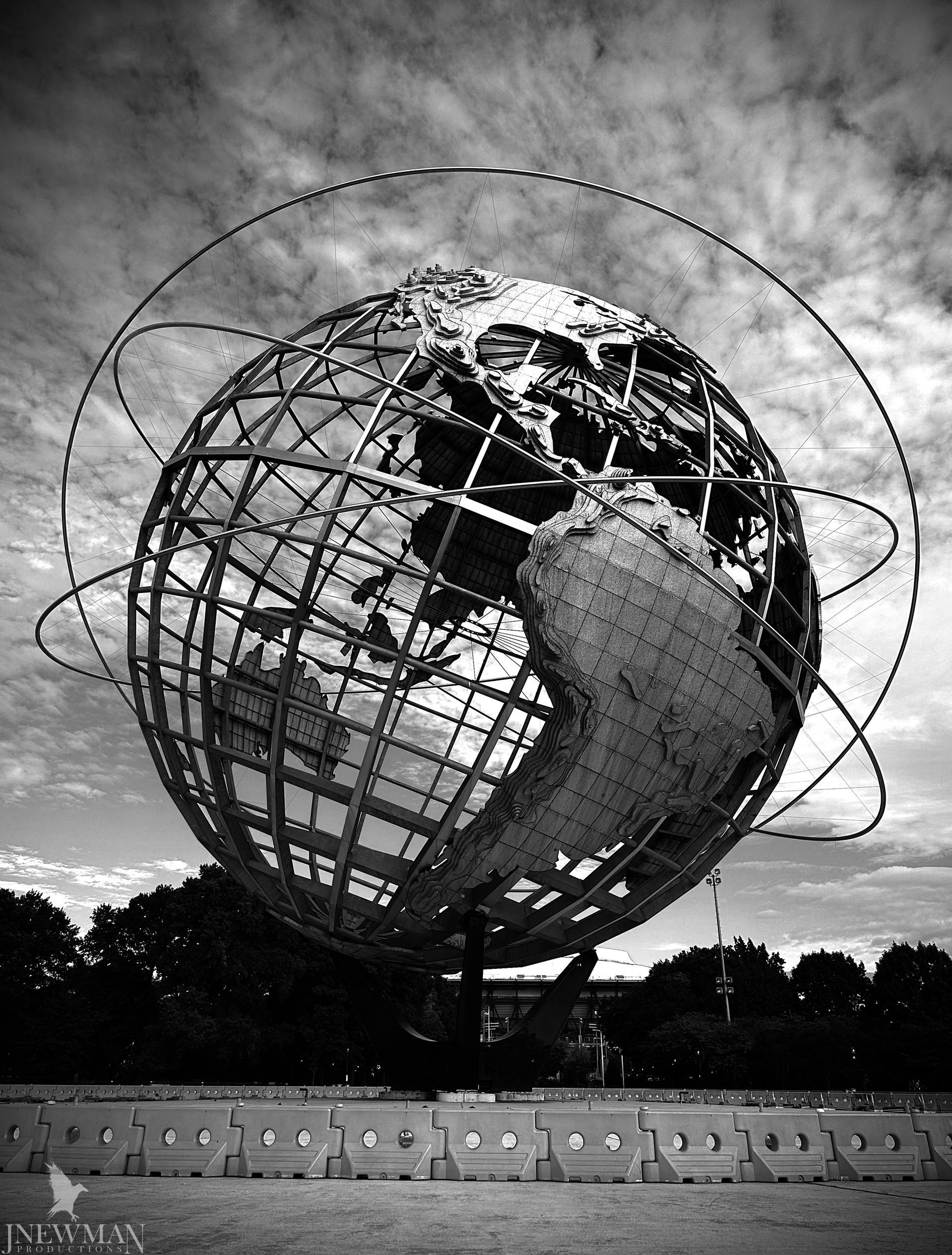 Unisphere sculpture in Flushing Meadows Corona Park, Queens, NY; black and white.