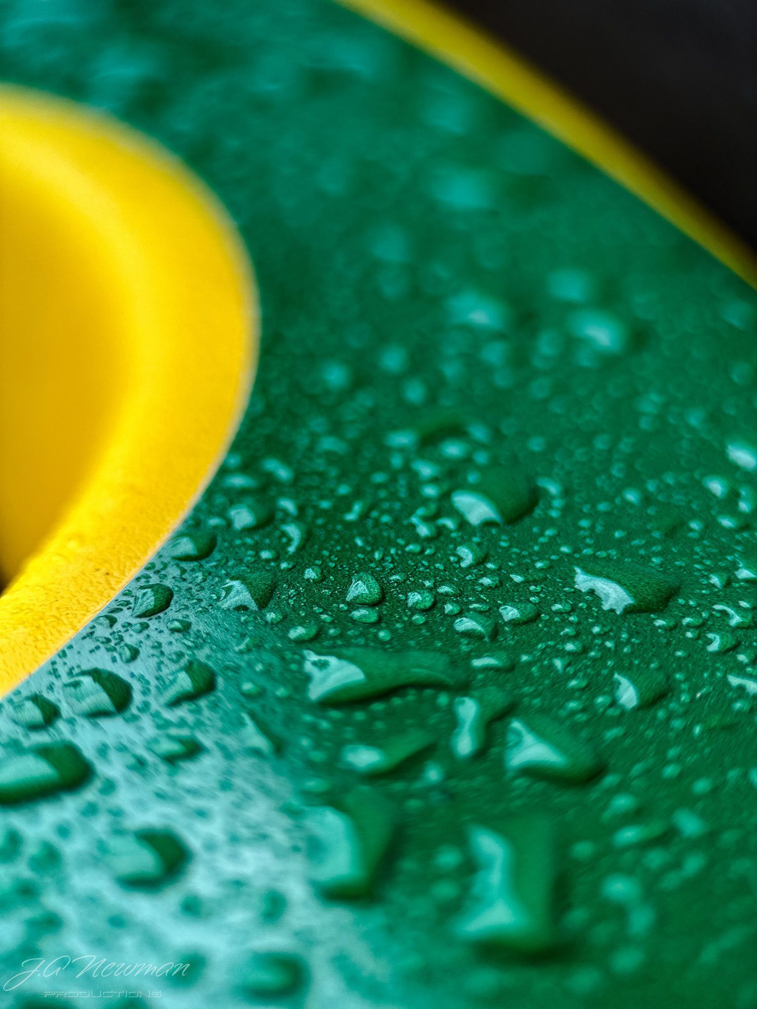 Green and yellow surface covered in water droplets.