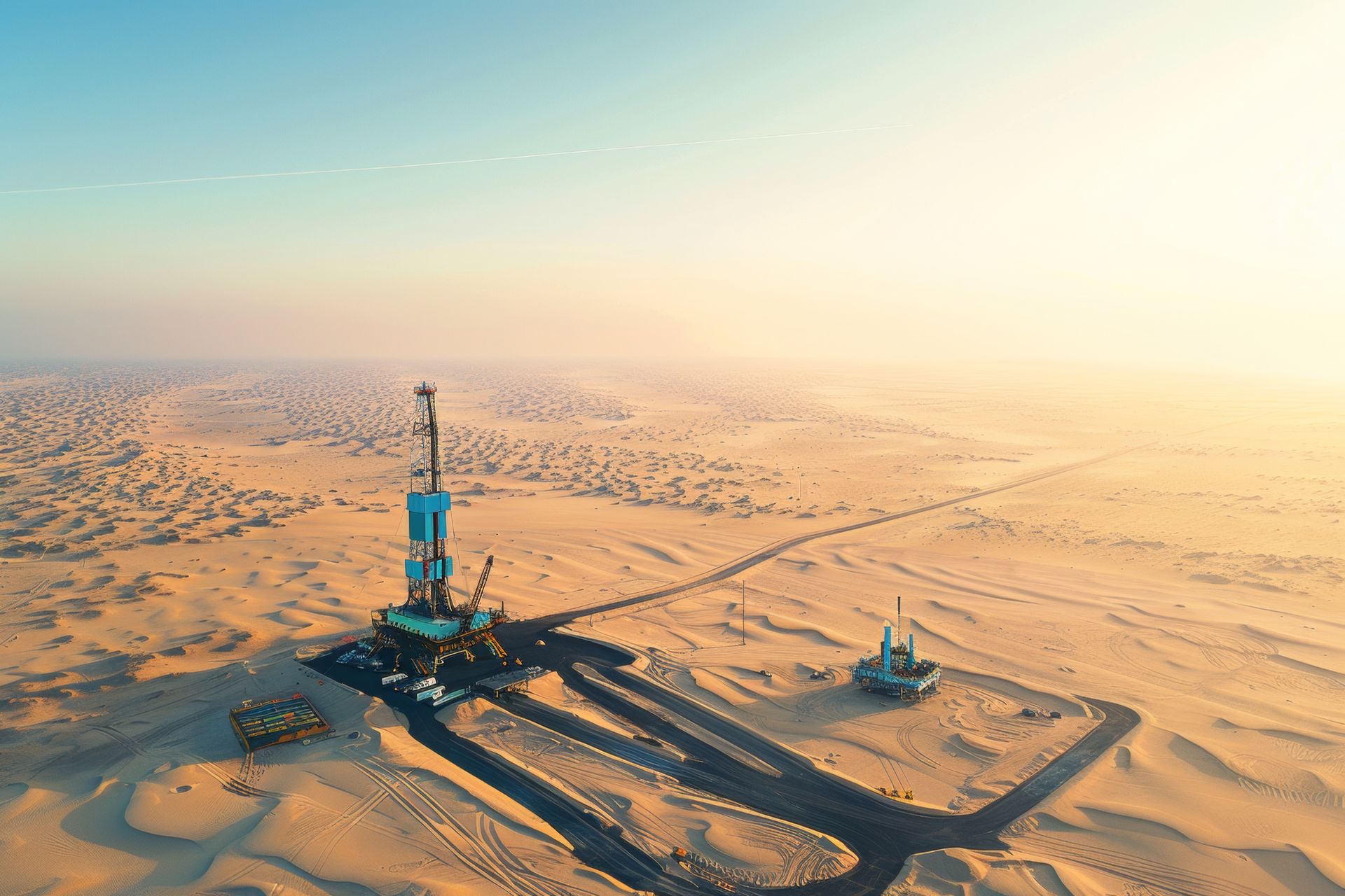 Oil drilling rig in a desert landscape during a sunny day.