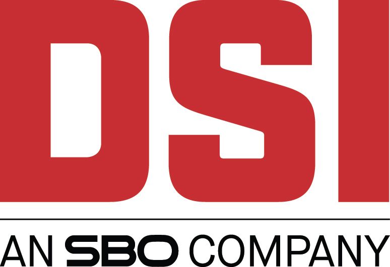 The logo for dsi an sbo company is red and white.