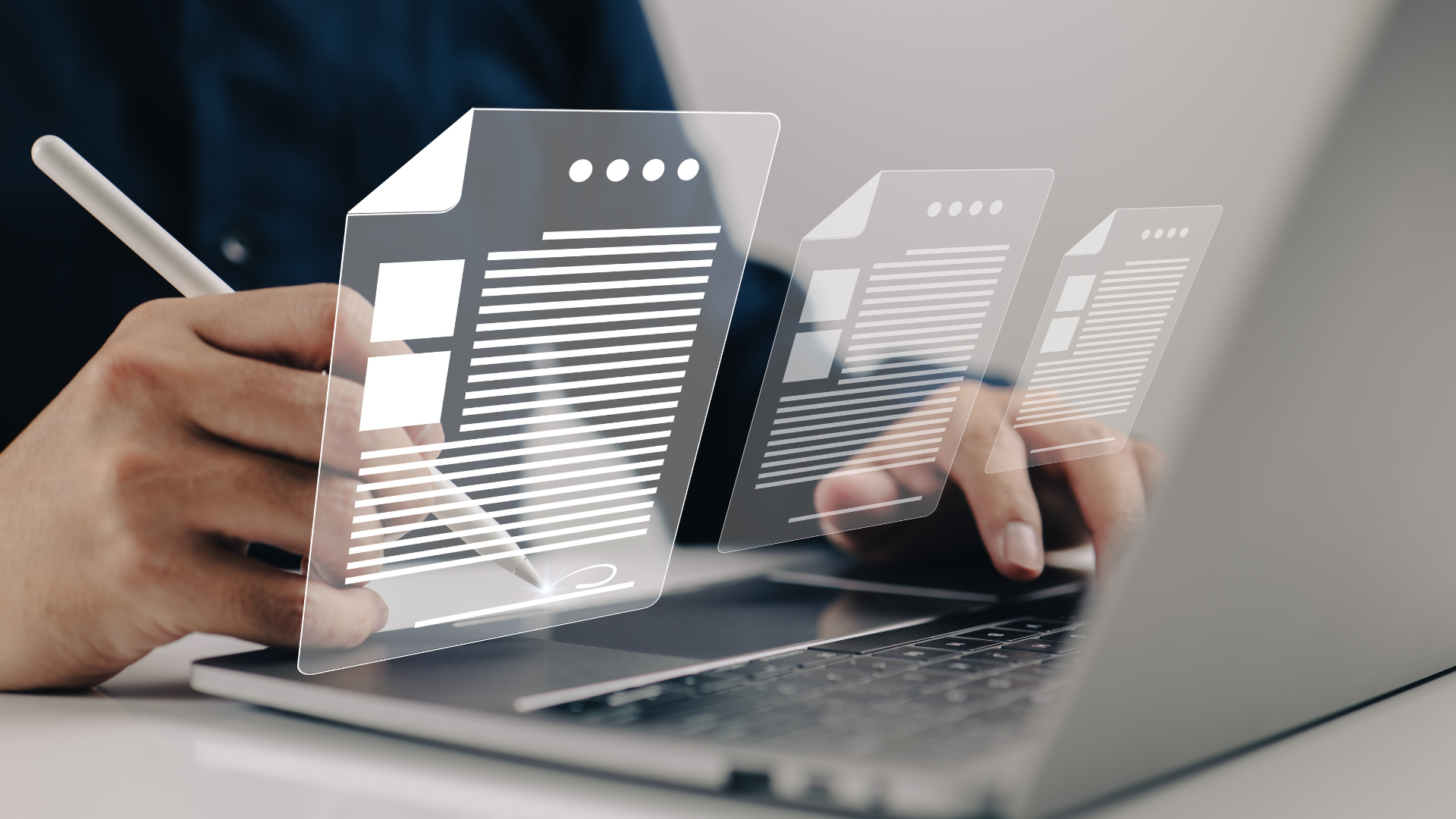 Person using laptop, digital documents floating overlaid, indicating online document access.