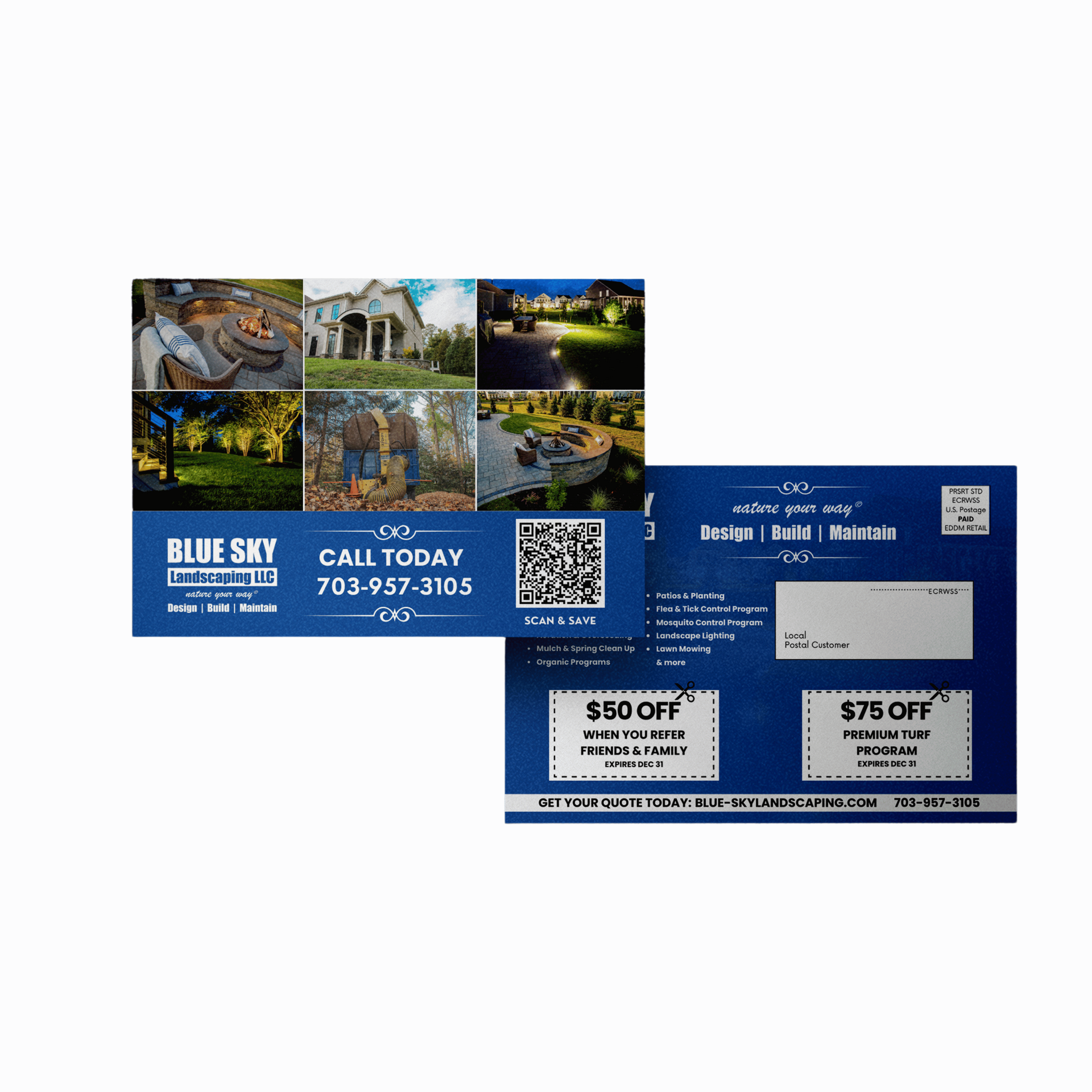 Blue Sky landscaping postcard with photos, QR code, coupons, and contact info.