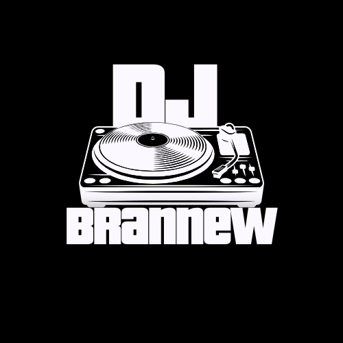 White outline of a turntable with the word