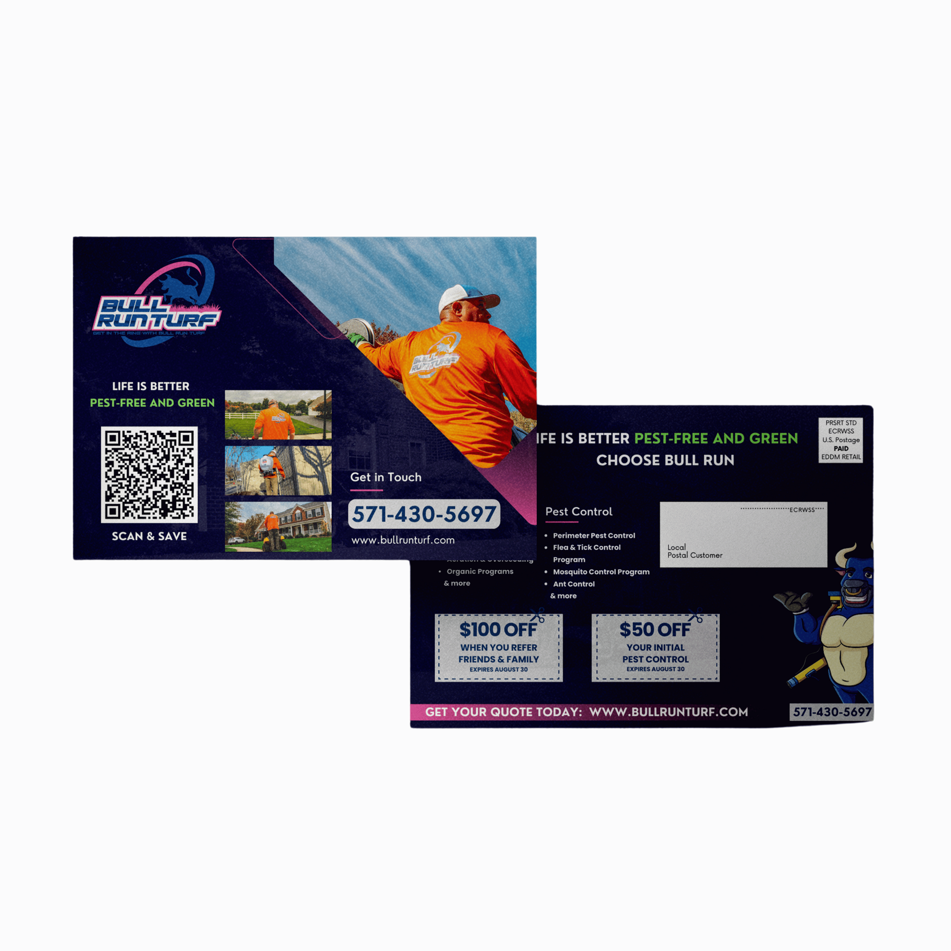 Two-sided postcard ad for pest control. Features a person in an orange shirt, coupons, and contact info.