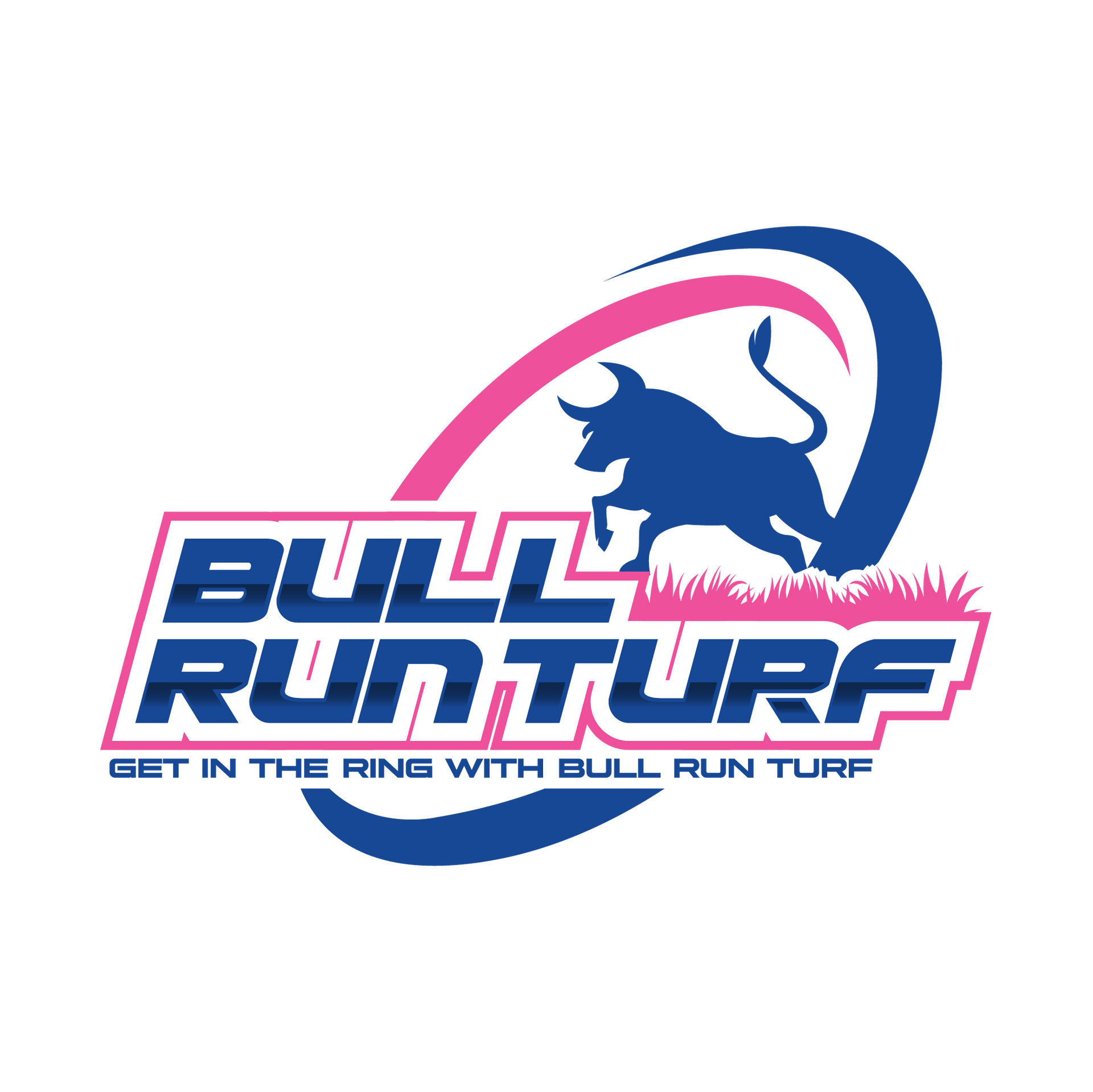 Logo: Blue bull leaping through a pink and blue arch; 