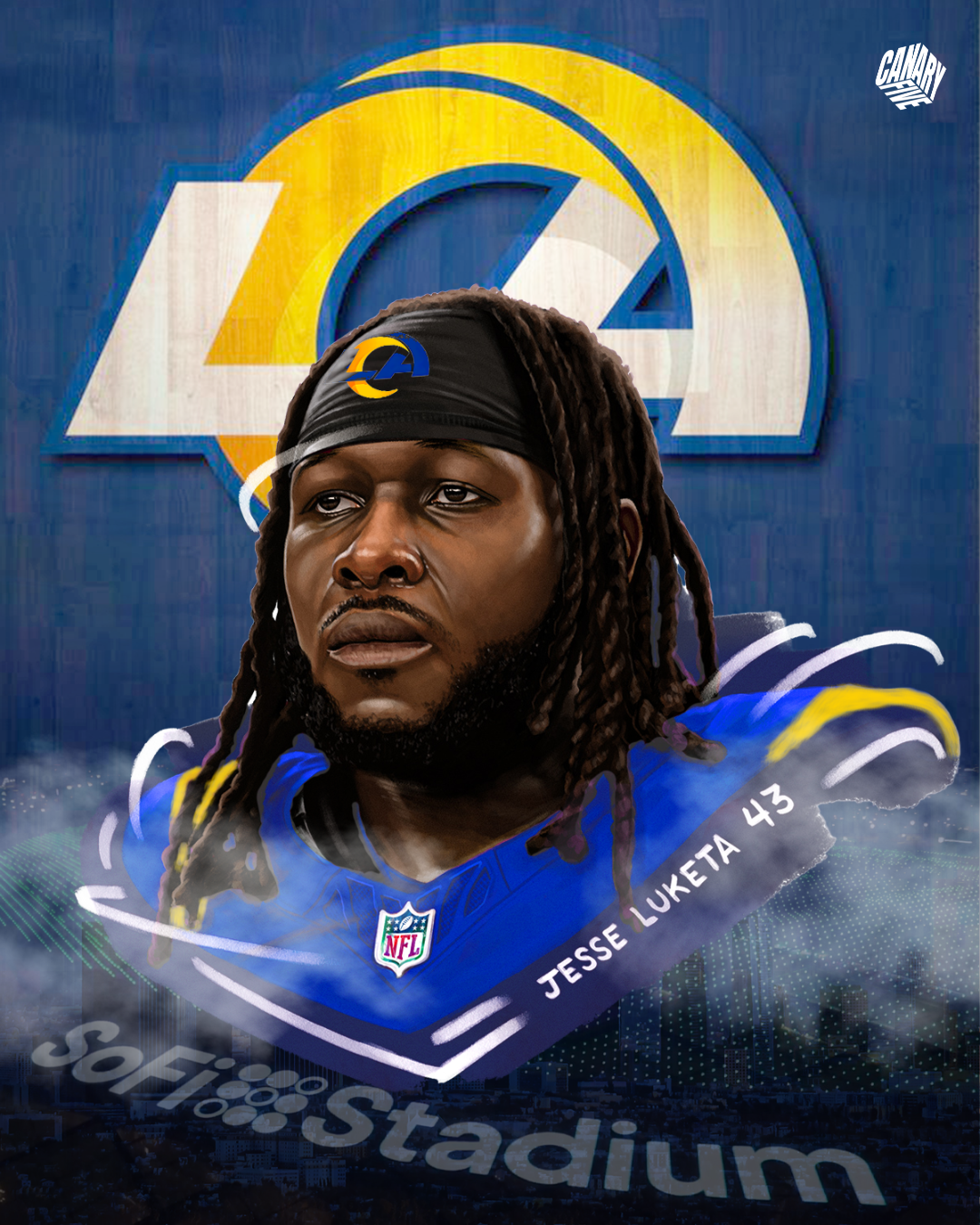 Jesse Luketa, Los Angeles Rams player, in uniform. SoFi Stadium and Rams logo background. Blue and gold colors.