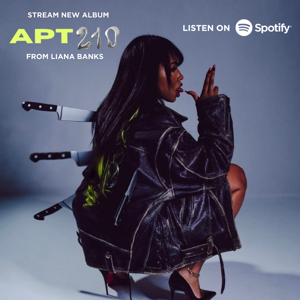 Album cover: Woman in leather jacket, knives in back, pointing finger up. 