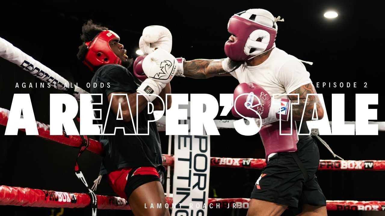 Boxers sparring in a ring; one throws a punch, the other blocks. Text: 