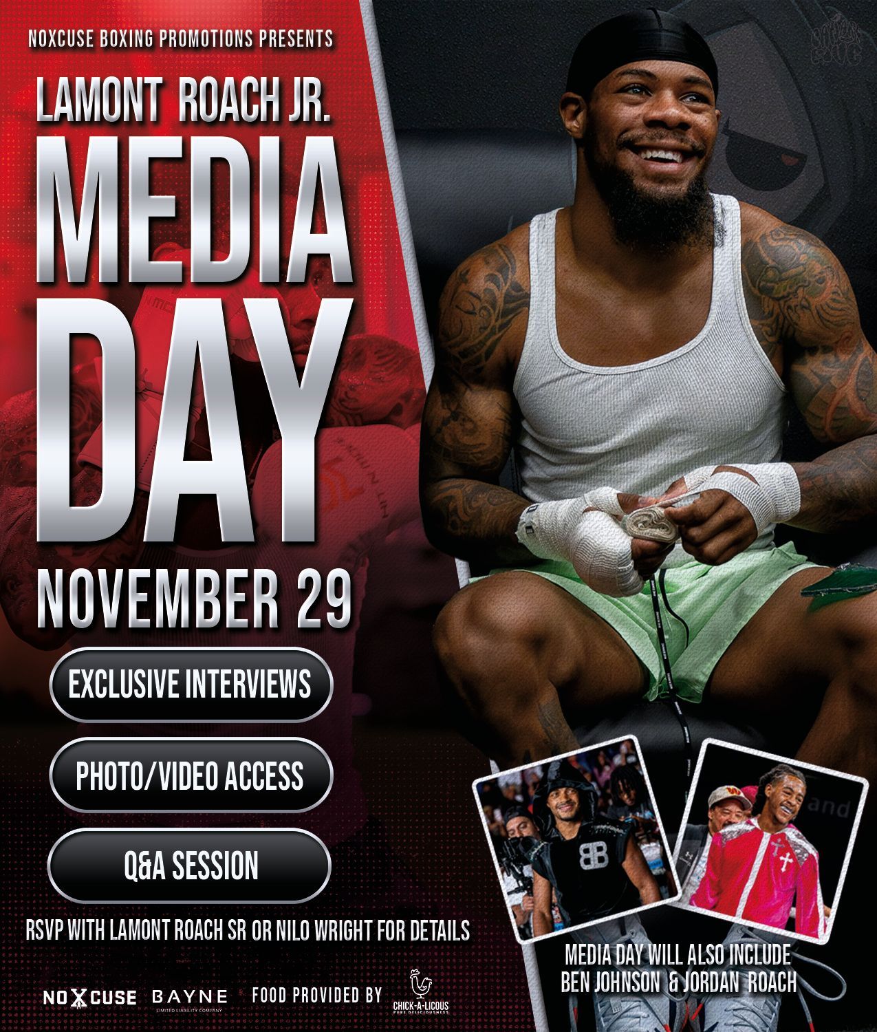 Poster for Lamont Roach Jr.'s media day on November 29. Features him in a tank top, with wrapped hands, smiling.