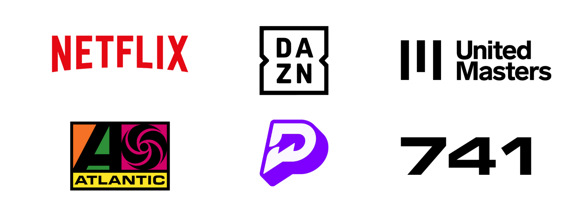 Logos for Netflix, DAZN, United Masters, Atlantic Records, Platoon, and 741.