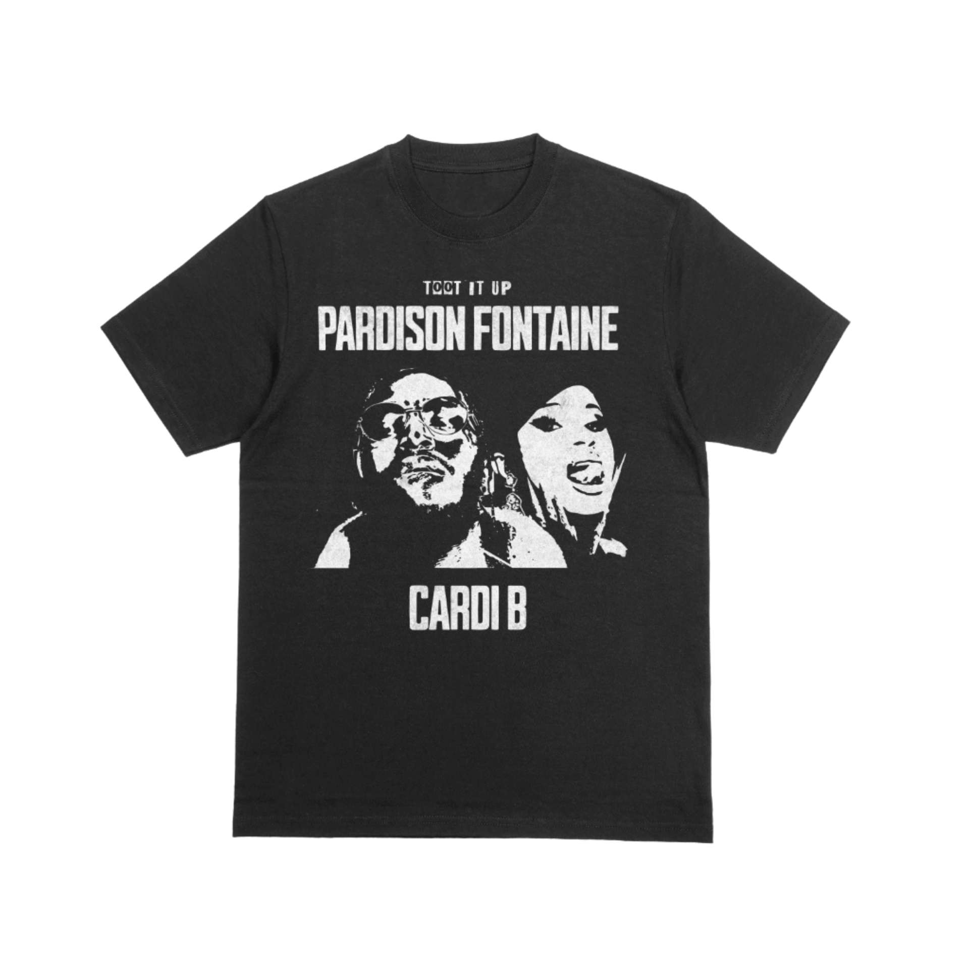 Black t-shirt with white graphic of Pardison Fontaine and Cardi B, with text 
