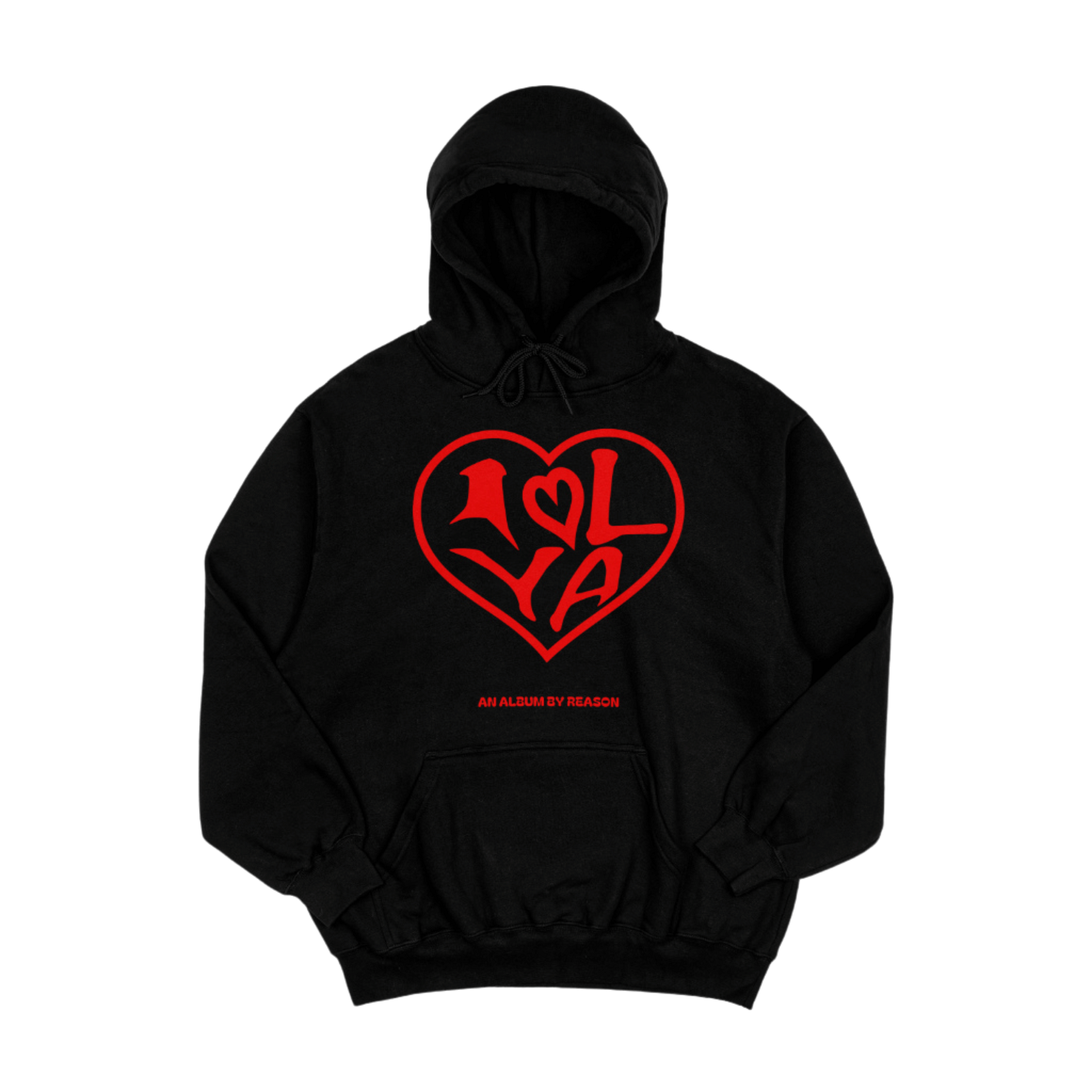 Black hoodie with a red heart-shaped graphic; inside the heart are the letters 