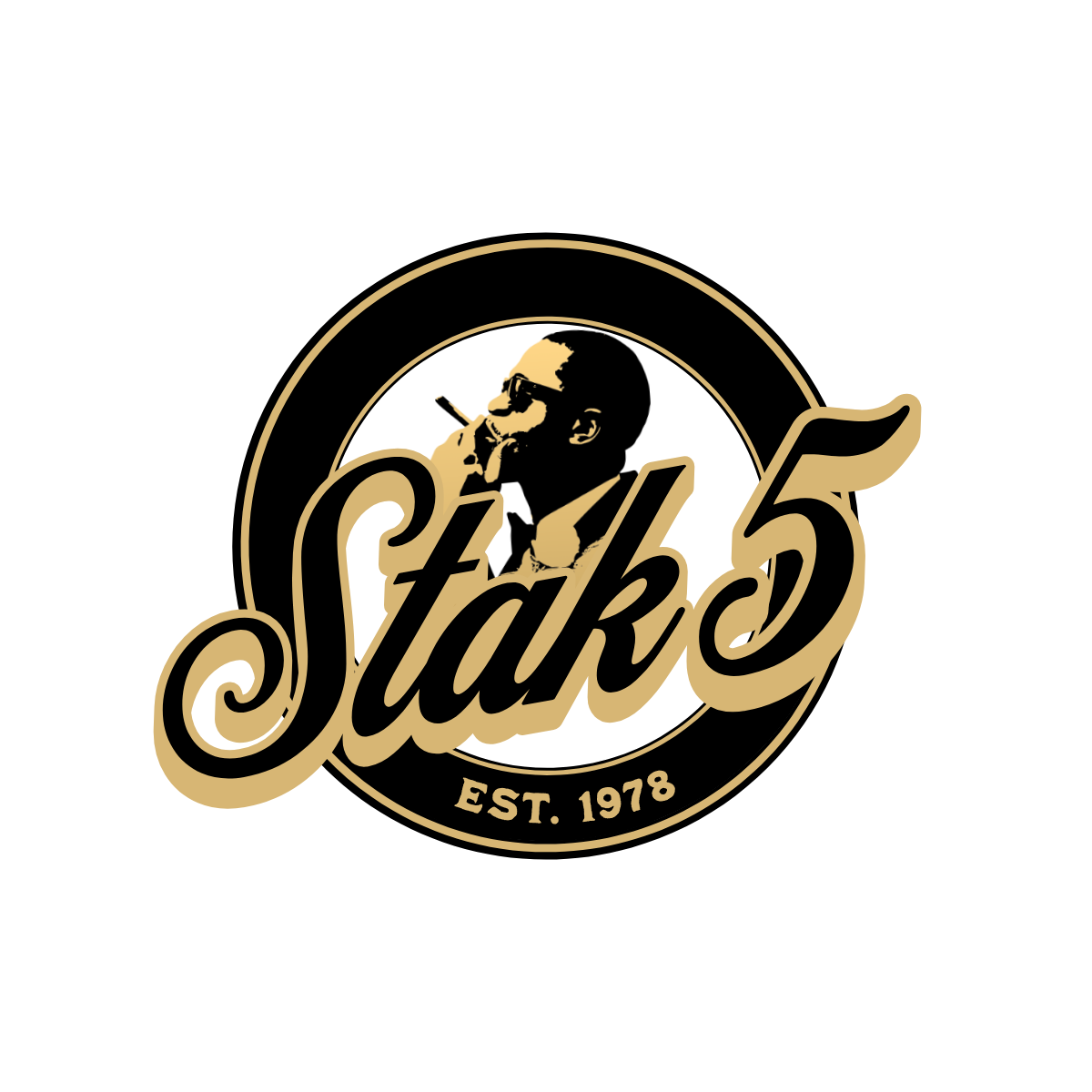 Stak 5 logo with a man smoking, within a gold-bordered black circle,
