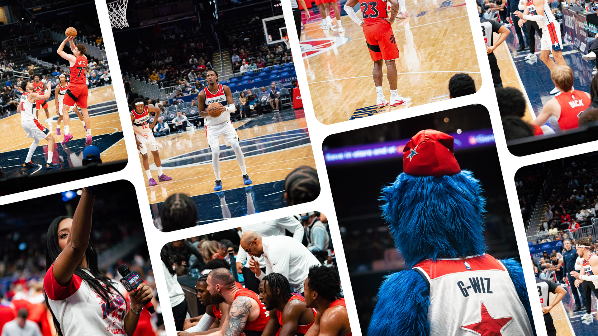 Basketball game scenes. Players shooting, mascot, cheerleaders. Red, white, and blue colors. Indoor arena setting.