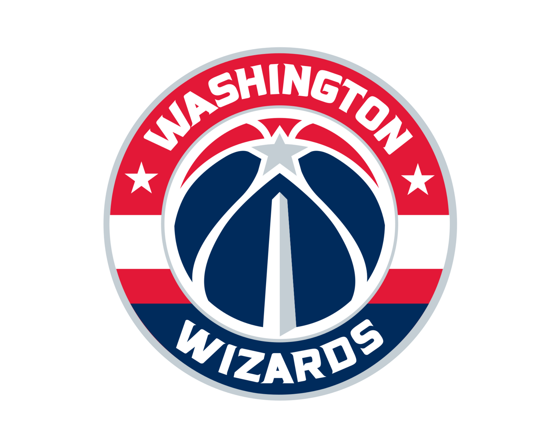 Washington Wizards logo: red, white, and blue circular emblem with a basketball over the Washington Monument.