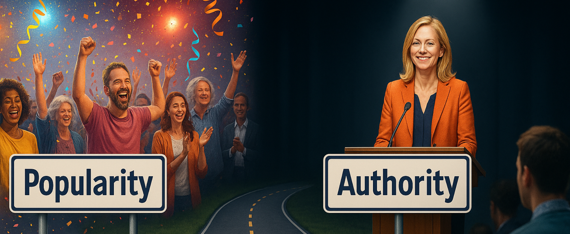 Sign that says Popularity and sign that says Authority
