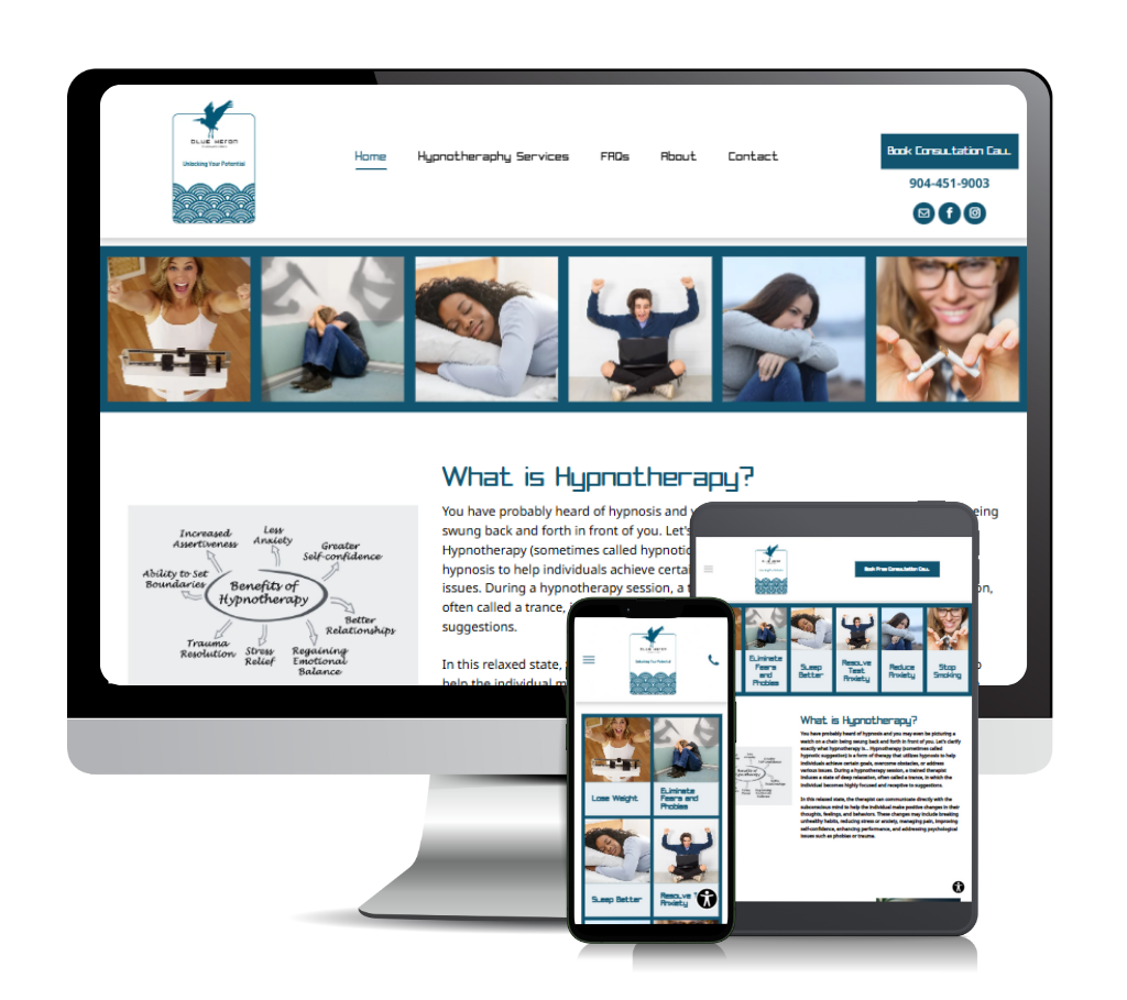 Picture of the different views of the website for Thought Leader and Hypnotist Kelly Voboril of Blue Heron Therapeutics