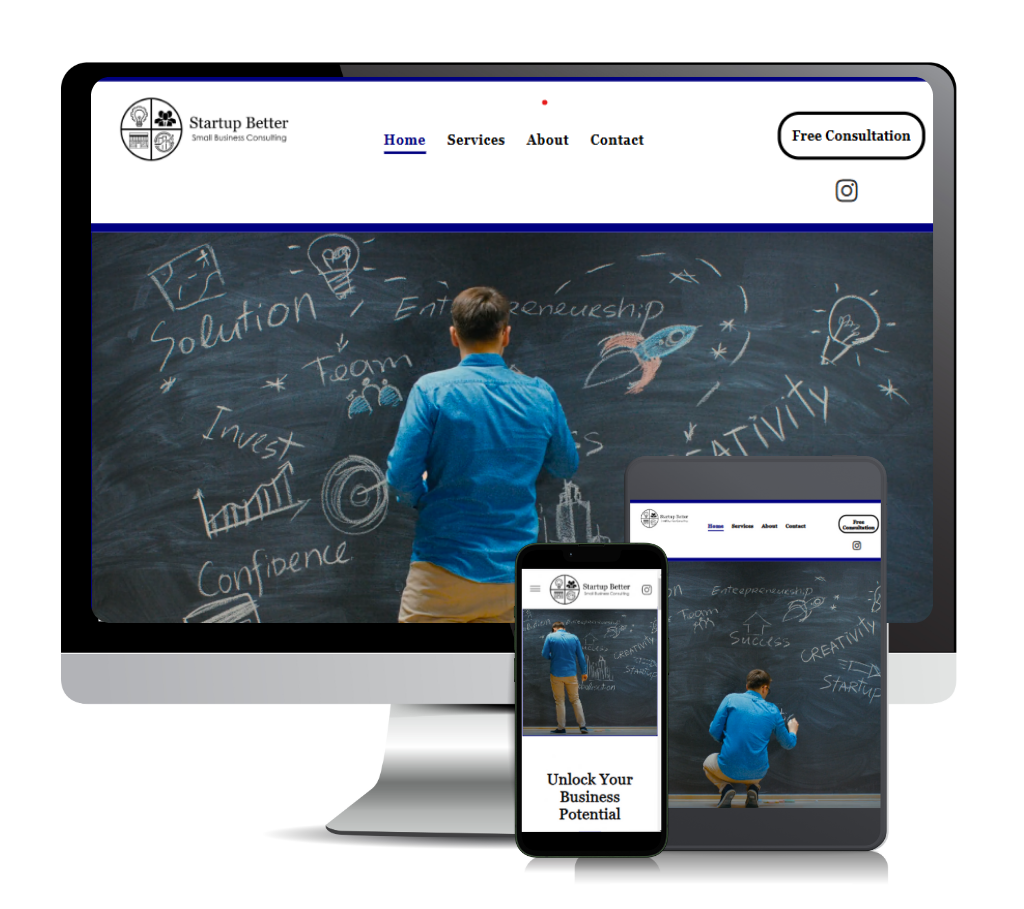 Picture of the different views of the website for Startup Better Business Home page