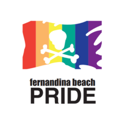 A logo for fernandina beach pride with a rainbow flag and crossbones