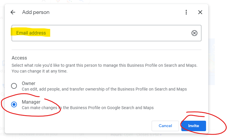 Invite a person you added to your Google Business profile
