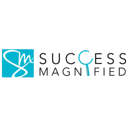 A blue and white logo for success magnified with a magnifying glass.