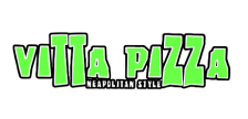 A green logo for a pizza restaurant called villa pizza