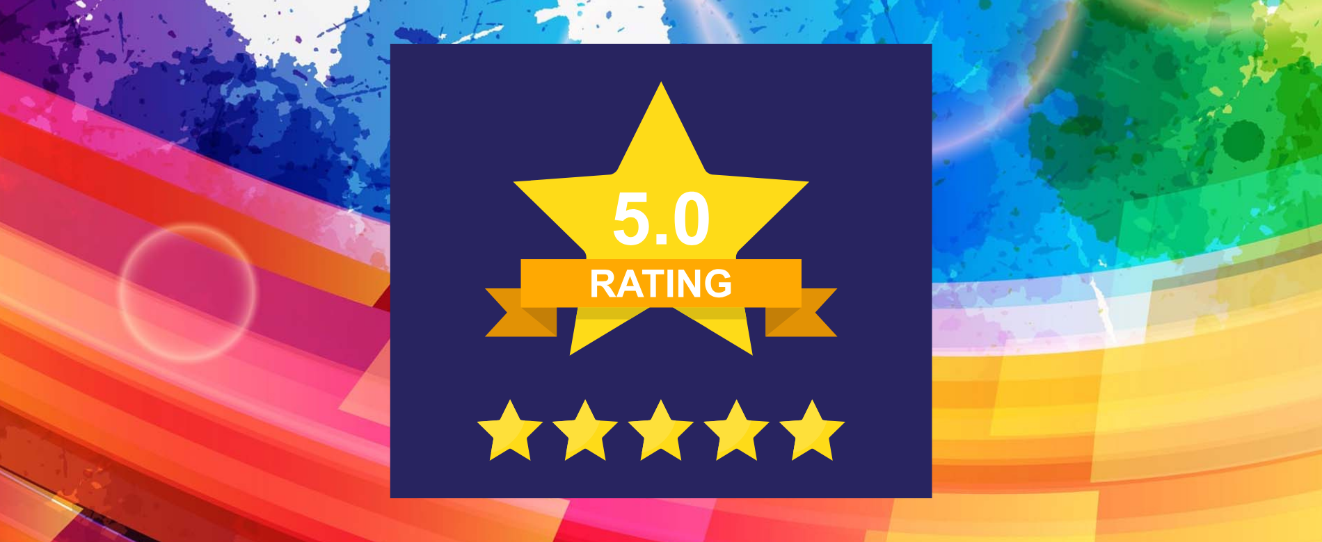 A colorful background with a yellow star that says 5.0 rating