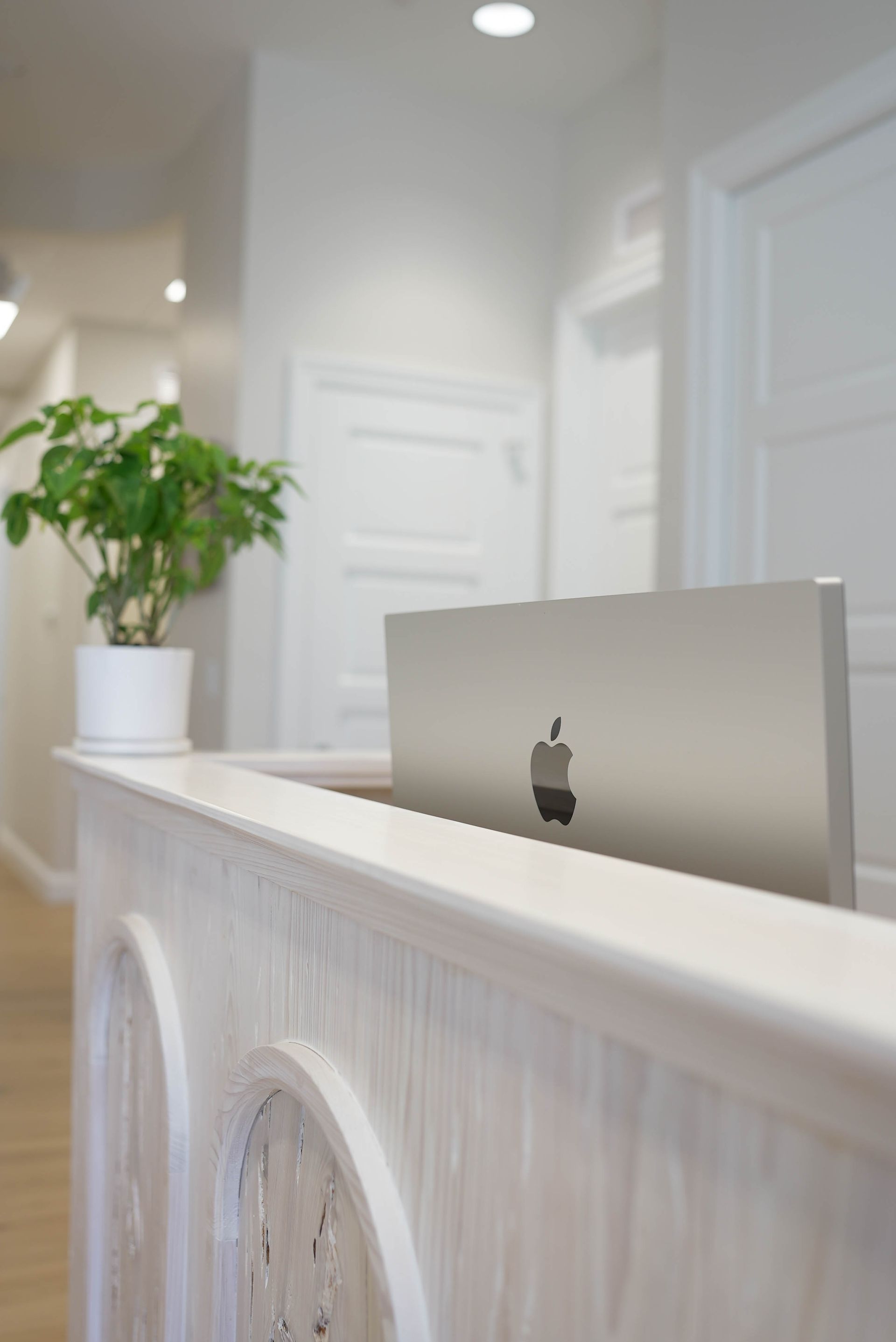 Reception desk with Apple computer, hallway with plant. White and neutral tones.