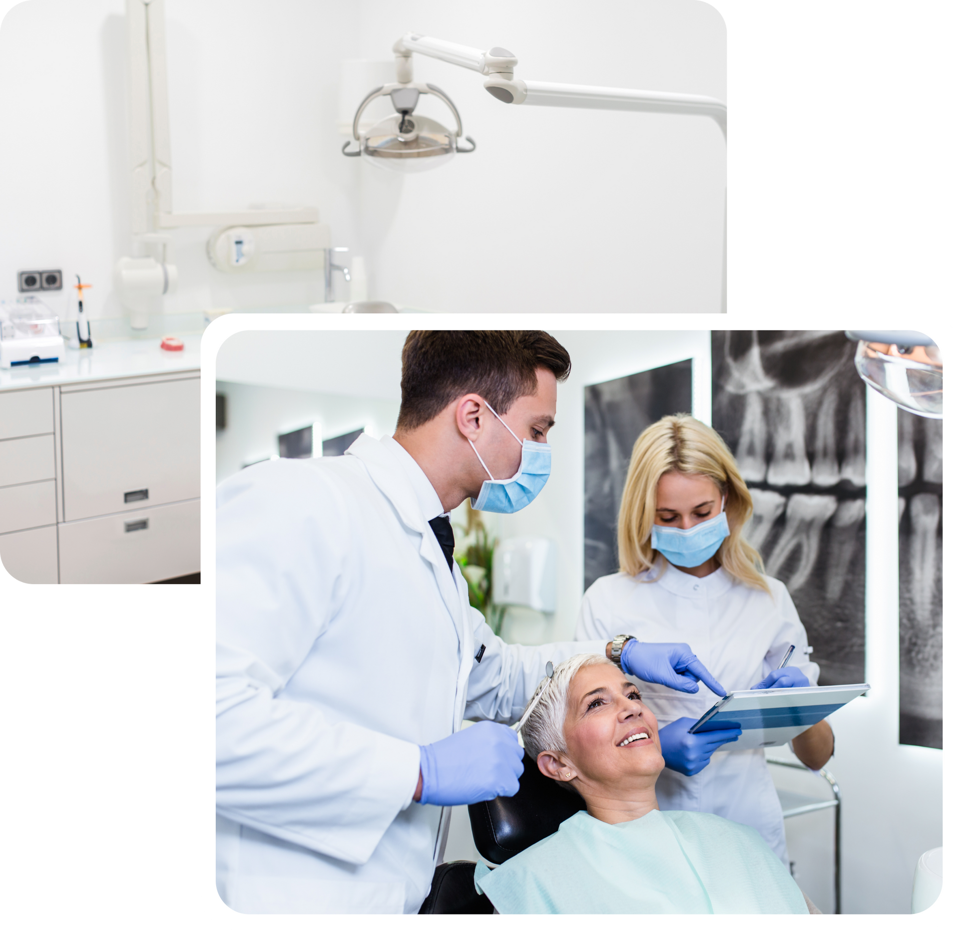 A woman is sitting in a dental chair while a dentist examines her teeth
