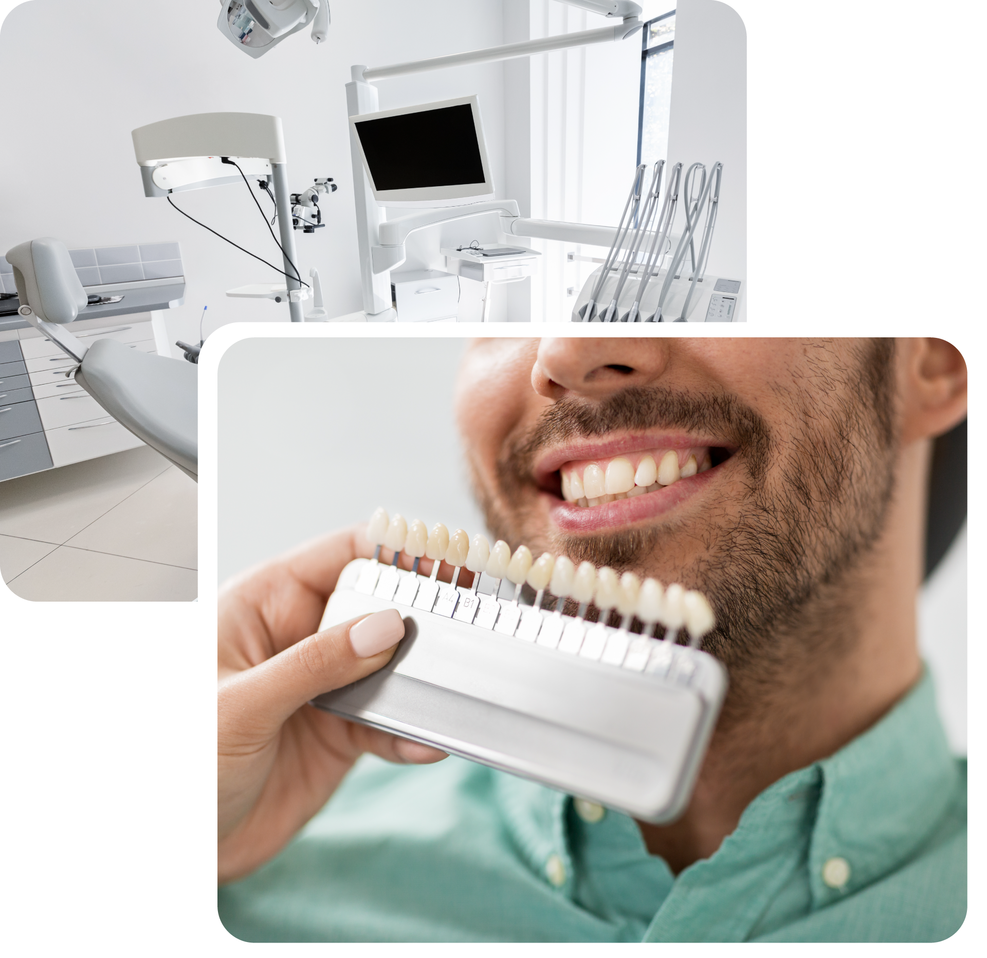 A man is smiling while holding a tooth color chart