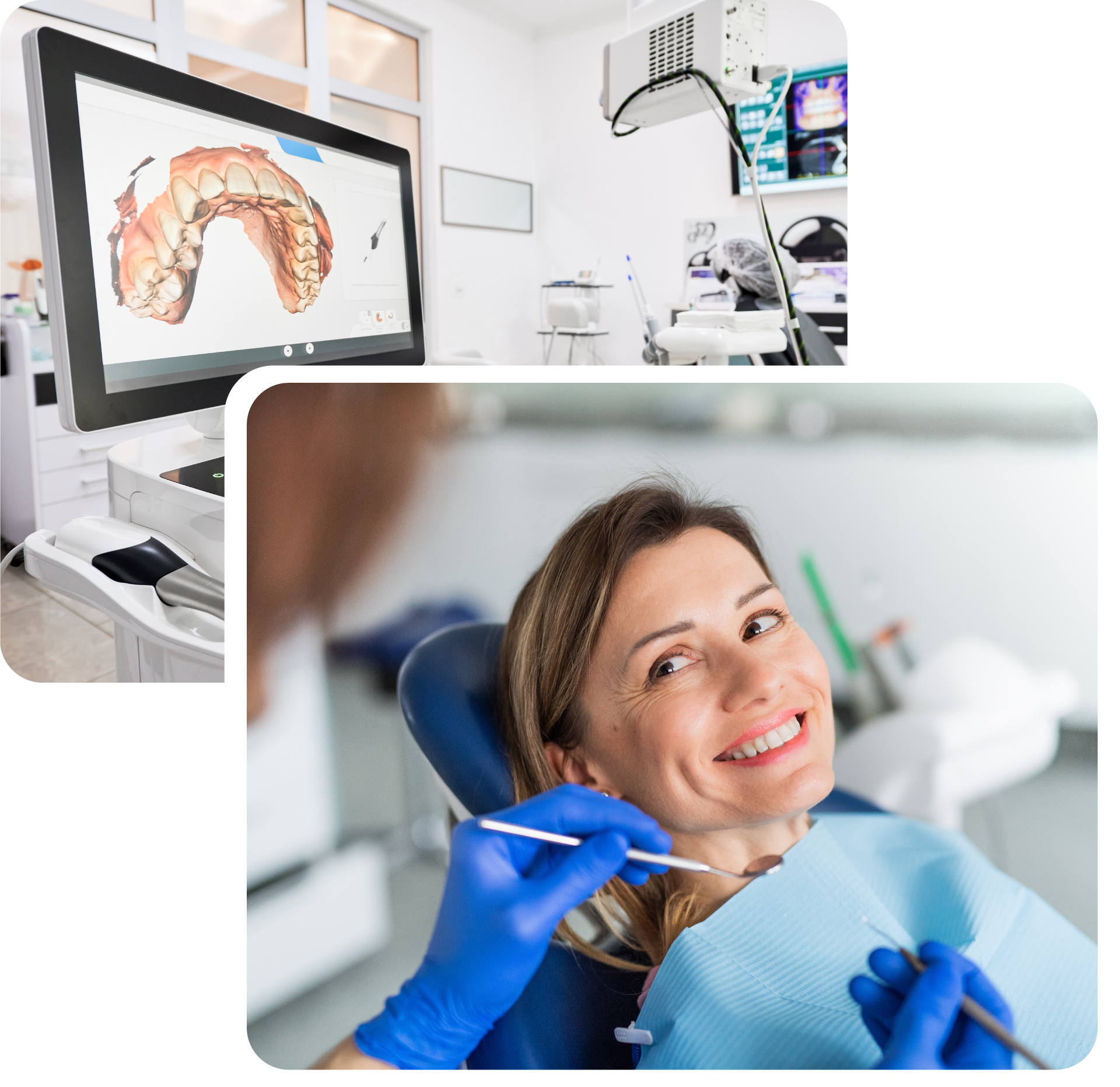 A woman is sitting in a dental chair while a dentist examines her teeth