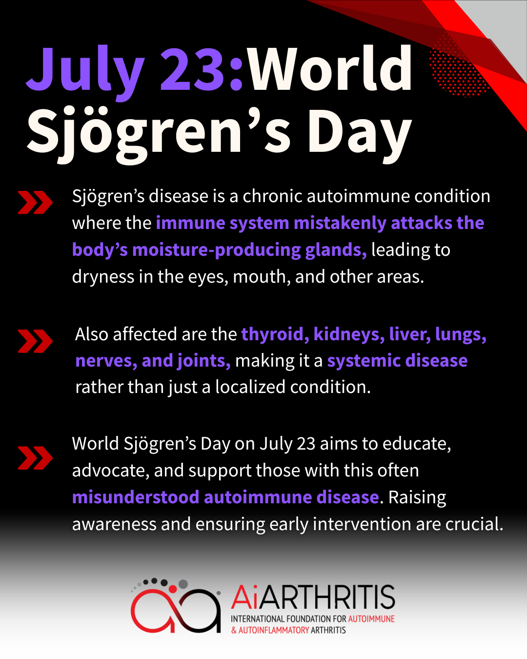 Poster for World Sjögren's Day on July 23, explaining the autoimmune disease and its systemic effects.