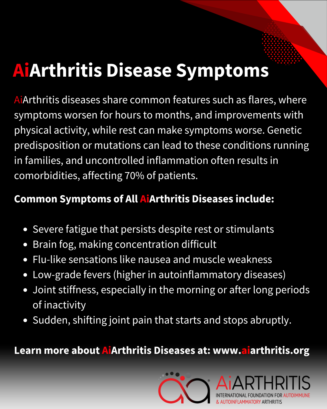 Informational graphic about AI Arthritis disease symptoms. Lists common symptoms like fatigue, brain fog, and joint pain.