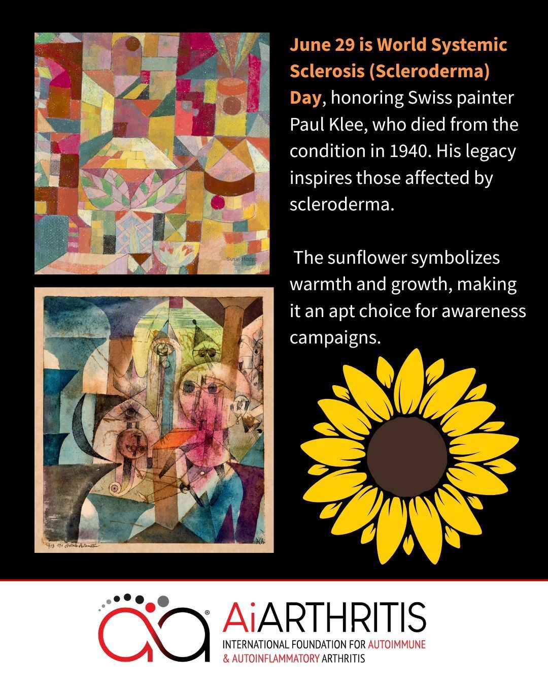 Poster for World Scleroderma Day; features Paul Klee art, a sunflower, and AiARTHRITIS logo.