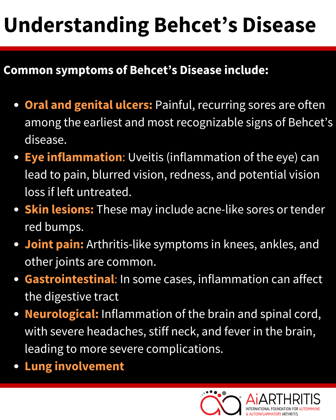 Informational graphic about Behcet's Disease symptoms, including ulcers, eye inflammation, skin lesions, joint pain, and neurological issues.