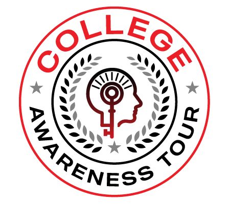 A symbol of a key inside of an illustration of a person's head, framed by laurels. Around the illustration, text reads College Awareness Tour.