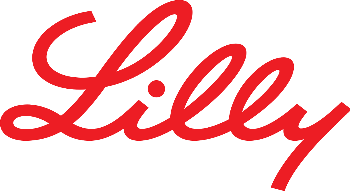 Logo for Eli Lilly company. Lilly in red cursive writing.