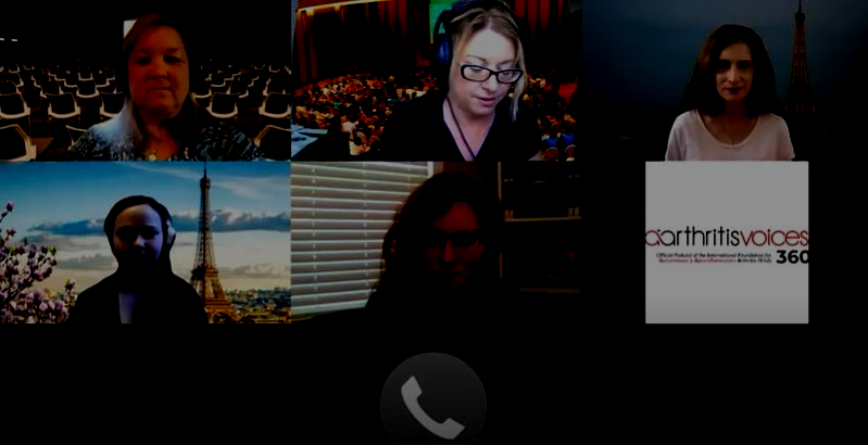 Virtual conference call showing multiple participants, discussing arthritis.