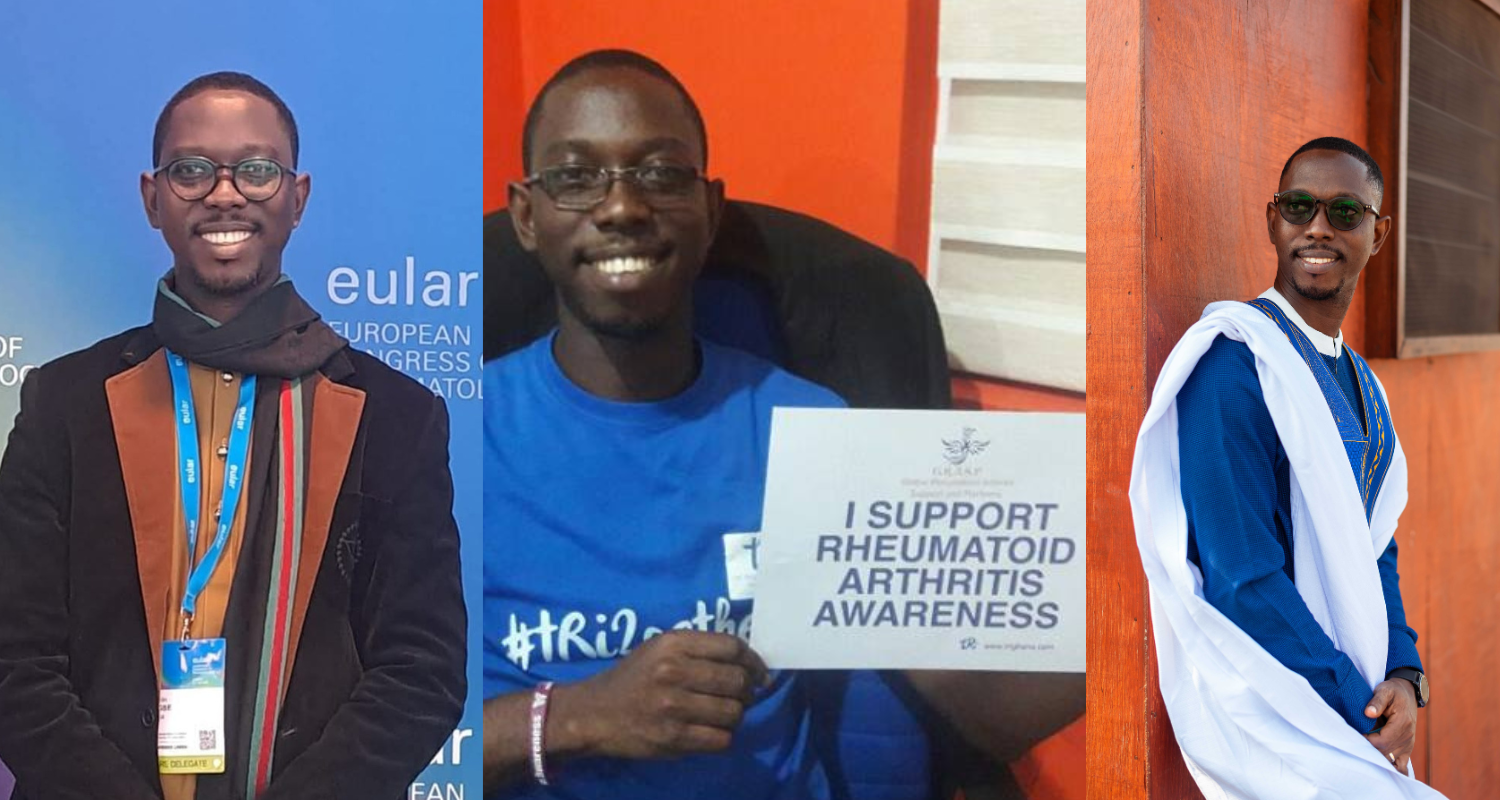 Three photos of a smiling man at an awareness event, holding a sign supporting rheumatoid arthritis awareness.