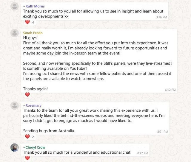 Screenshot of a conversation on WhatsApp with users thanking AiArthritis for creating an informational experience.