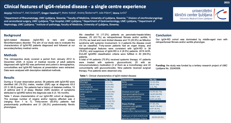 Abstract poster on a European study about the clinical features of IgG4 related disease. The background, methods, results, conclusion, and a graph with supportive data are featured on the poster.