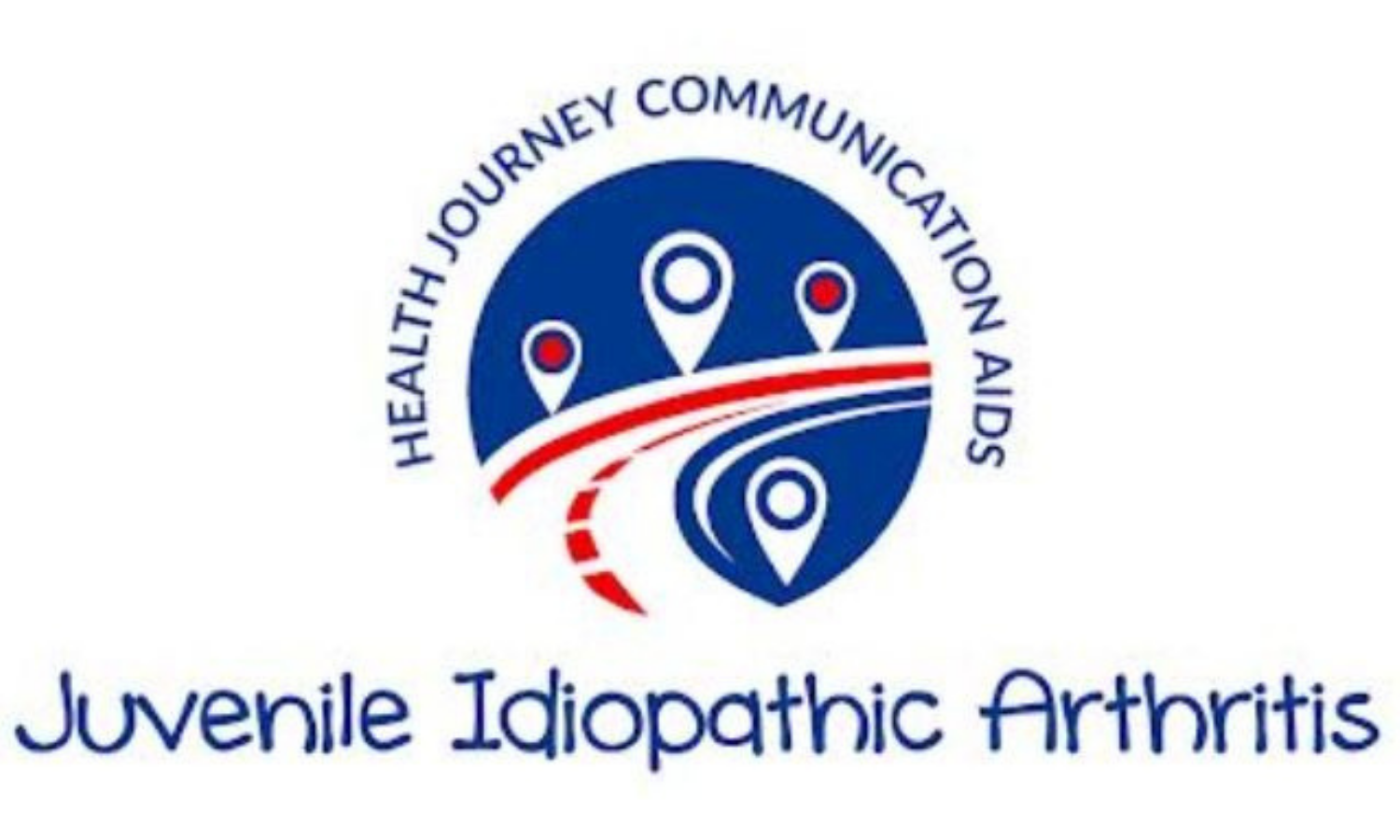 Illustration of a road with 4 map pins alongside it, guiding the way. Text reads Juvenile Idiopathic Arthritis Health Journey Communication Aids.