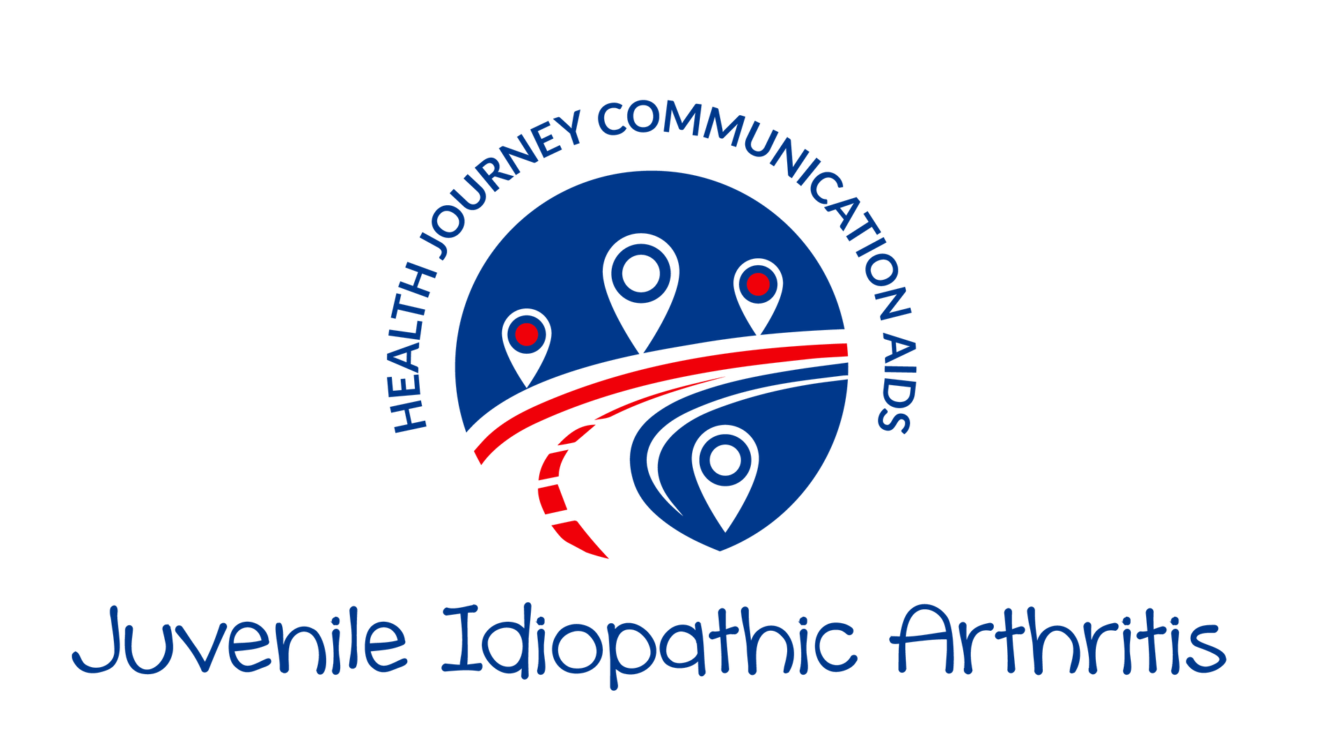 Illustration of a road with 4 map pins alongside it, guiding the way. Text reads Juvenile Idiopathic Arthritis Health Journey Communication Aids.