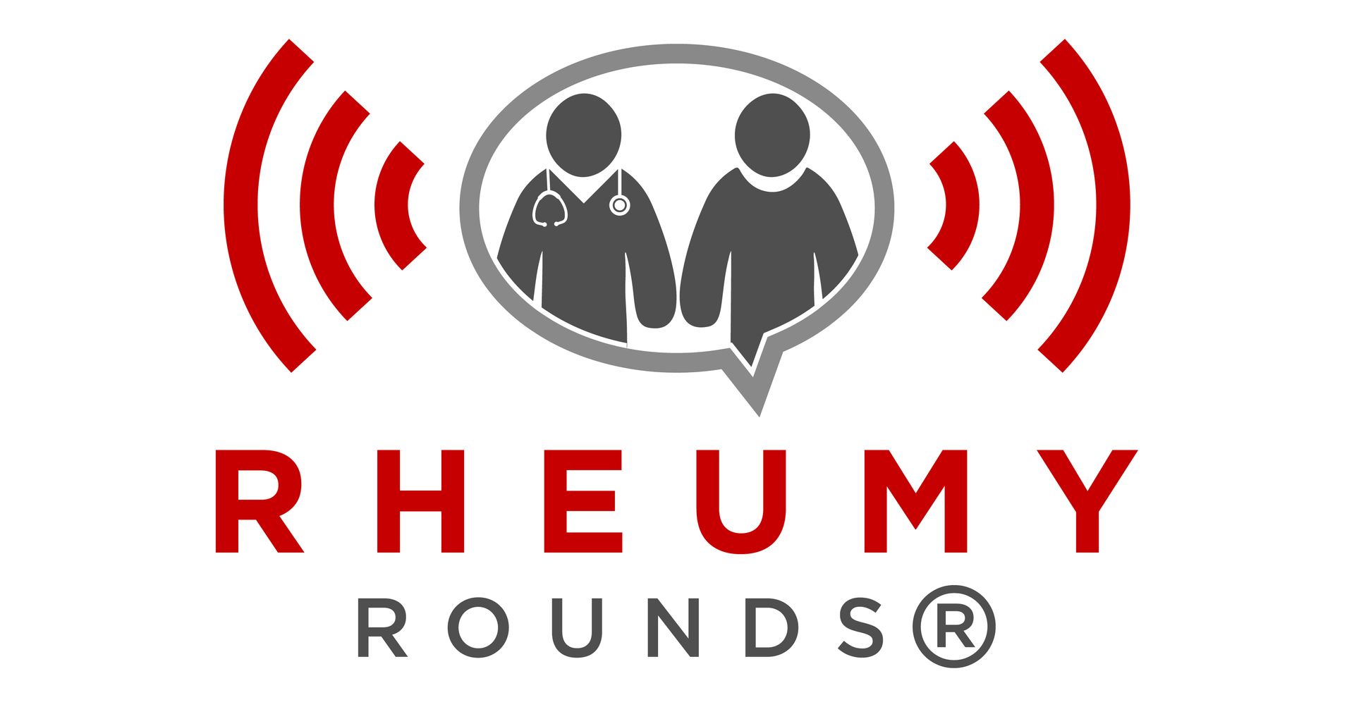 Illustration of doctor and patient in a speech bubble with sound wave symbols on either side. Below the illustration reads Rheumy Rounds with a registered trademark symbol.